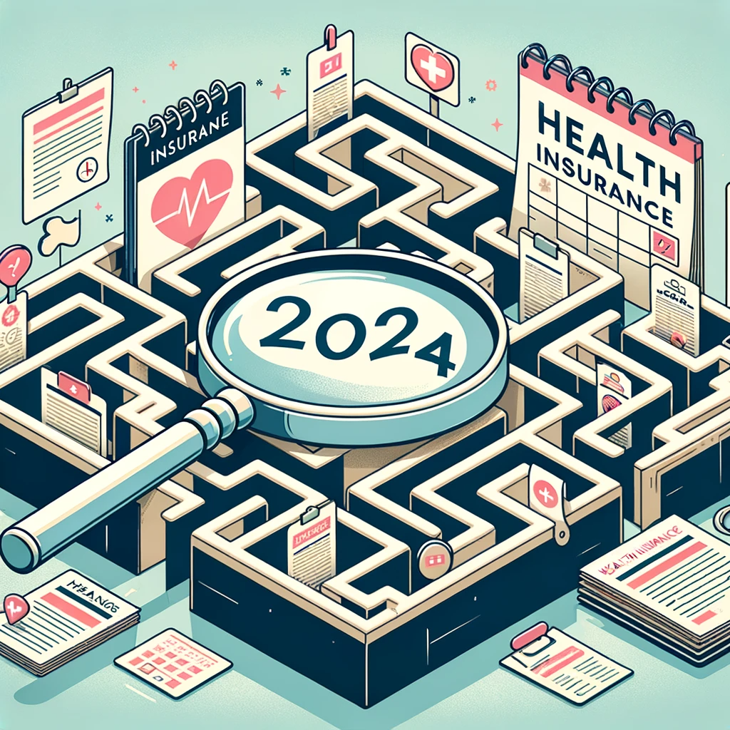 DALL·E 2023 11 27 14.33.59 An Informative And Inviting Illustration For A Blog About Choosing The Right Health Insurance For 2024. The Image Features A Maze Made Of Various Heal 